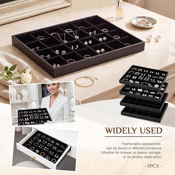 Unittype Set of 4 Stackable Jewelry Organizer Tray for Drawer Inserts Velvet Necklace Earring Bracelet Ring Holder Jewelry Display Storage Box for Bangle Stud Necklace Ring(24 Grid,Black)