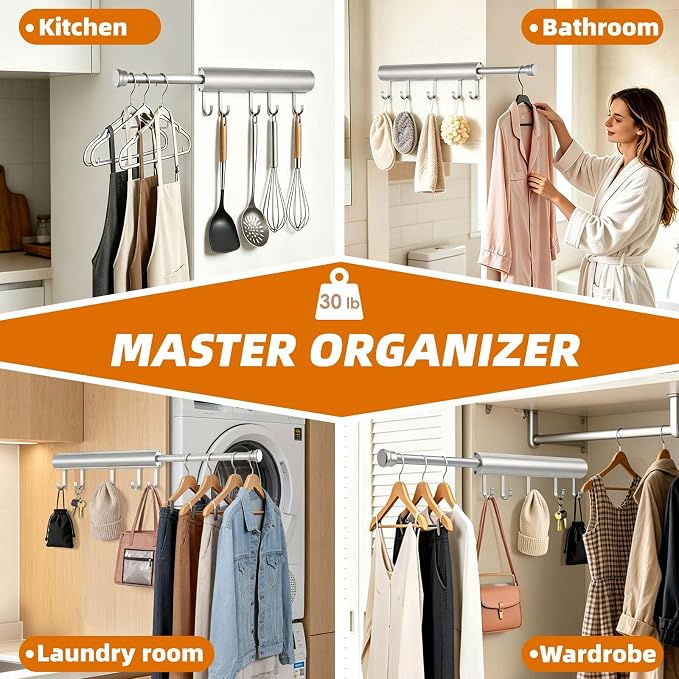 12 Inch Valet Rod for Closet Pull Out Heavy Duty Hidden Closet Valet Rod with 5 Hooks Retractable Slide Out Wardrobe Organizer Aluminum Valet Bar Silver 1 Pack