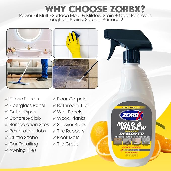 ZORBX Extra Strength Remover & Cleaner Spray 24 FL Oz – Scrub Free Formula - Bleach Free Stain & Smell Eliminator for Shower, Bathroom, Ceiling, Carpet, Cars, Walls & Wood | Bleach Free Stain & Smell Eliminator for Shower, Bathroom, Ceiling, Carpet, Fa...