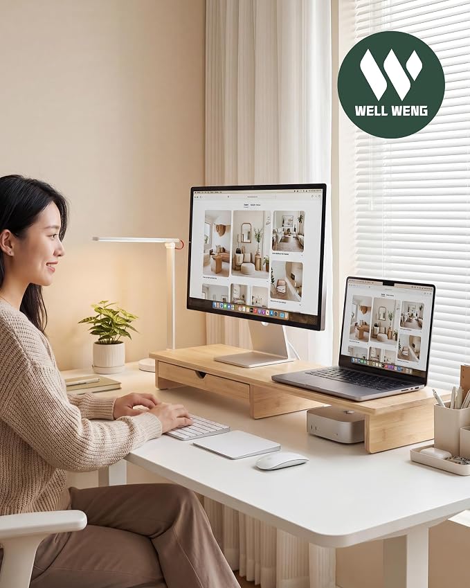 42” Monitor Stand with Large Drawer Keyboard Storage,Bamboo | Dual Computer Monitor Riser Shelf for 55-72 Inch Desk Aesthetic Workplace Computer Setup Desktop Organizer Easy Assembly
