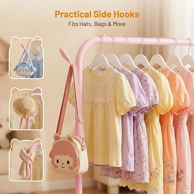 Kids Clothes Rack for Ages 3-6, Montessori Kids Clothing Rack, Pink | Kids Dress Up Rack with 2 Fabric Storage Shelves & Side Hooks, Toddler Wardrobe Rack for Costumes, Princess Dresses and Shoes