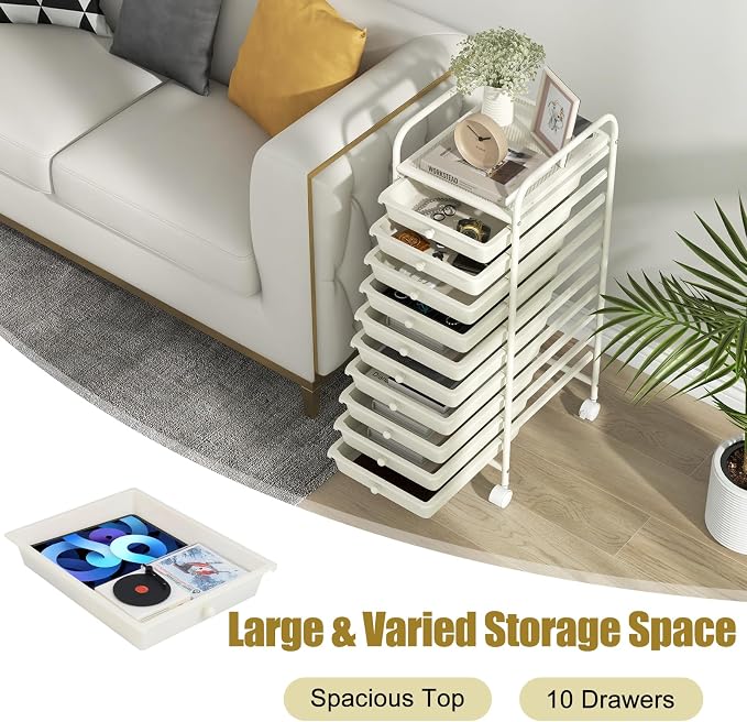 DREAMADE Rolling Cart with Storage Drawers, Utility Cart w/Removable Plastic Drawers, Lockable Wheels, Art Cart for Classroom Organization Art Supplies Office Scrapbook (10 Drawers, White)