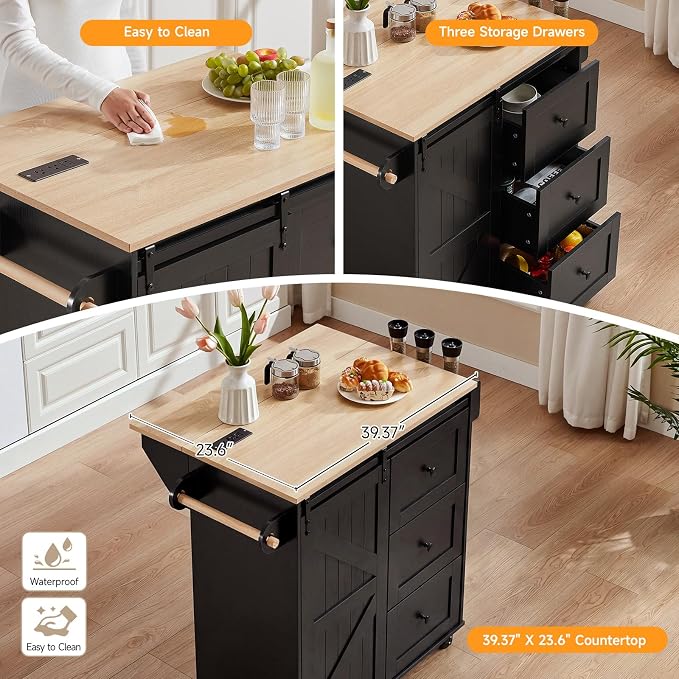 ONBRILL 31.5" Farmhouse Kitchen Island with Drop Leaf & Power Outlet, Rolling Kitchen Cart with Sliding Barn Door, Portable Island Table with 3 Drawers, Spice Rack & Towel Holder