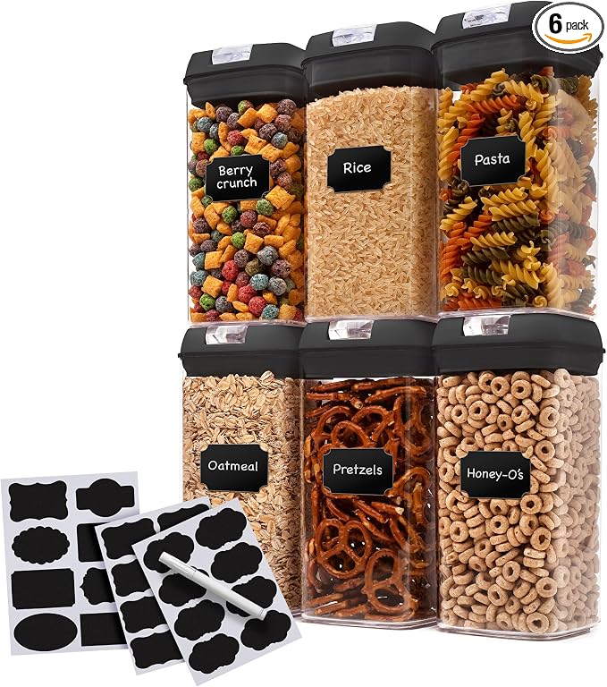Set of 6 Airtight Food Storage Containers - Pantry Organizer Bins, BPA Free Plastic Containers plus Dry Erase Marker and Labels, Black