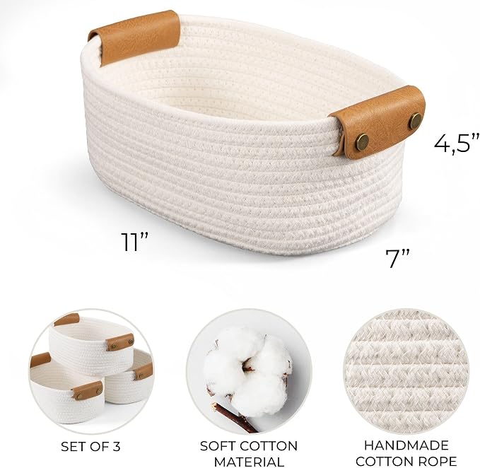 Beautiful Storage Basket Set of 3 - Sturdy Jute Rope Baskets for Shelves Are Perfect for Organizing Your Home - Quality Storage Bins Easily Fit With Any Nursery or Bedroom Decor
