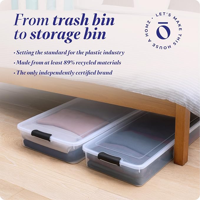 HOMZ 2-Pack Under Bed Storage, Clear Plastic Containers with Lids, 60 Quart, Gray Latch - Stackable Underbed Organizer Bins for Shoes, Bags, Clothes, and Towels