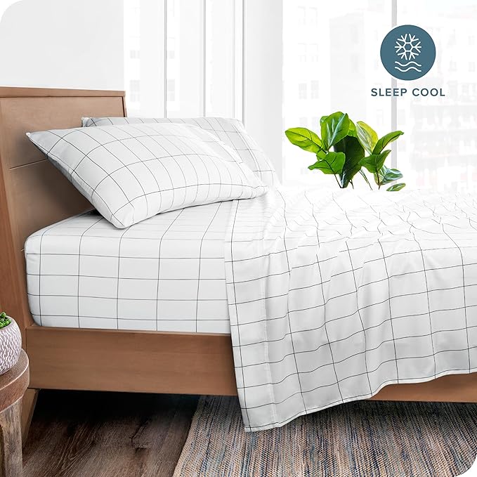 Bare Home Queen Sheet Set - Luxury 1800 Ultra- Soft Double Brushed Microfiber - Deep Pockets - Easy Fit - 4 Piece Bedding Sheet Set (Queen, Grid - White/Grey)