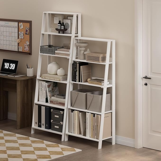 Furinno Ladder Book Shelf, 5-Tier Ladder Shelf, Bookshelf, Display Storage Shelves, 13 x 23.6 x 53.5, for Living Room, Home Office, Plain White