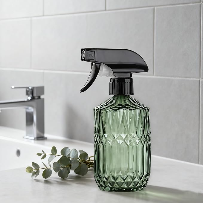 Glass Handheld Spray Bottle, 15oz Refillable Water Bottle Spray, Reusable Adjustable Nozzle Plant Mister Spray Bottles Indoor, Plant Mister for Hair, Cleaning, Gardening, Pets Care (Green)