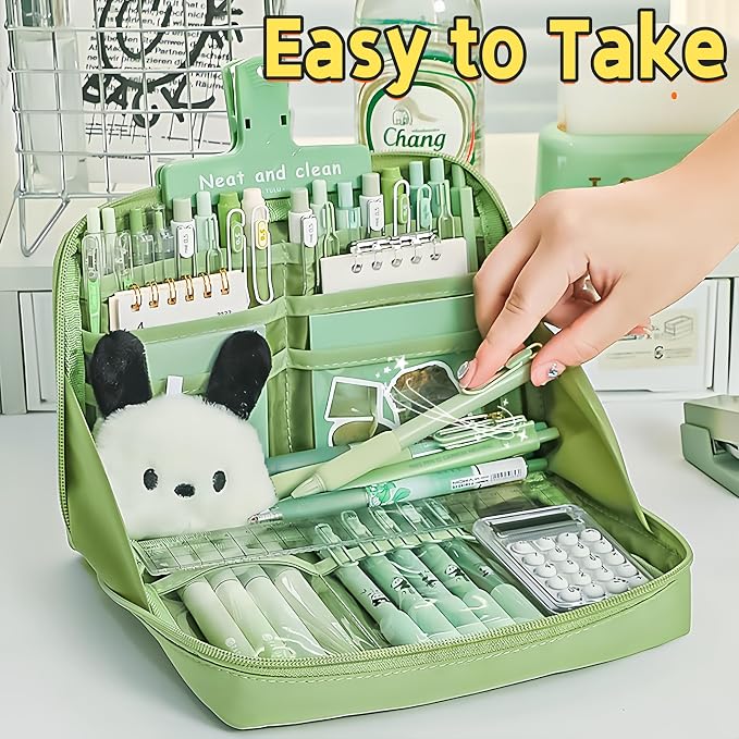 Kawaii Cute Aesthetic Pencil Case - Large Capacity Canvas Pen Pouch Bag (Blue)