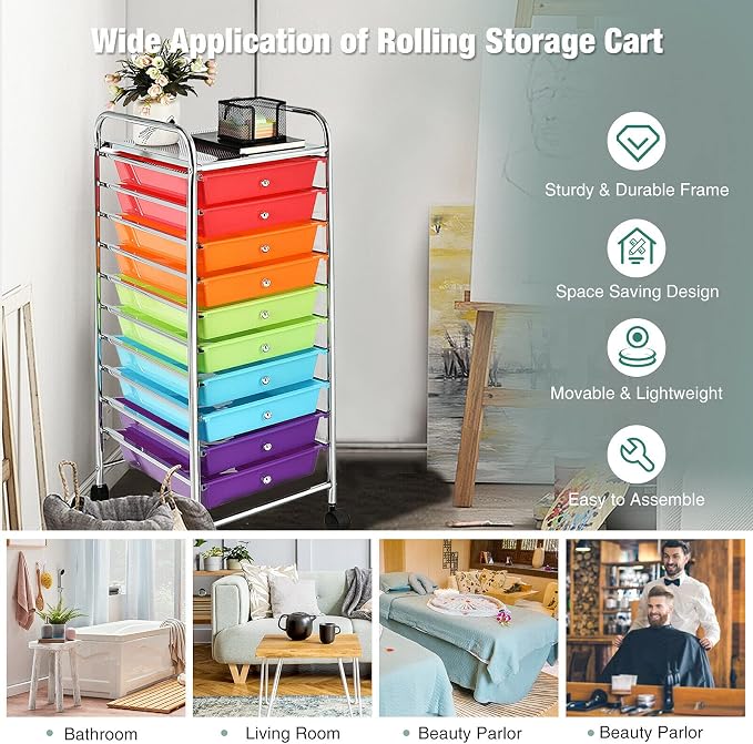 Happygrill 10-Drawer Storage Cart, Utility Cart with Removable Drawers & Metal Frame, Rolling Storage Cart with Lockable Wheels for Home, Office, Multicolor