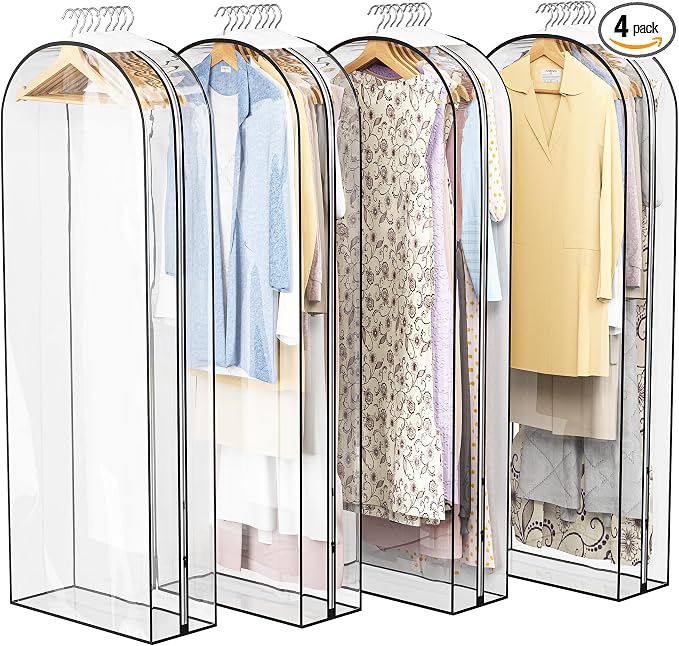 Liuoud Clear Garment Bag for Hanging Clothes 10” Gusseted, 60” Suit Bags for Open Closet Storage Plastic Clothes Cover for Coat, Dress, Shirts, Fur, Jacket, Wardrobe Protectors, 4 Pack