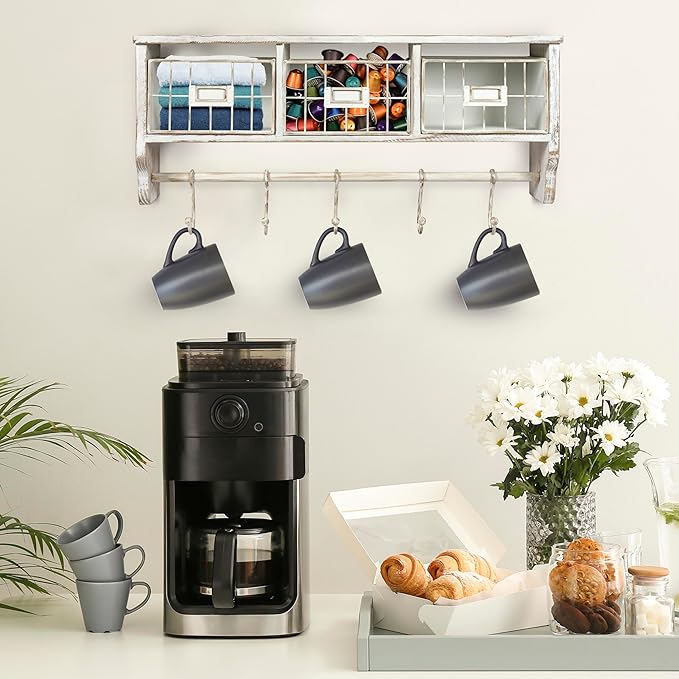 BizChair Wall Mounted Storage Rack - Whitewashed Solid Pine Wood - 24 Inch - Upper Shelf - 5 Hooks - Wire Baskets - For Entryway, Kitchen, Bathroom