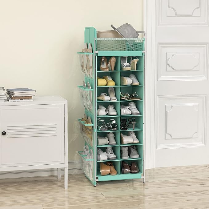Simple Houseware 16 Cube Shoe Stand Tower Rack 8 Tier, Turquoise | Top Shelf and Side Hanging Pockets