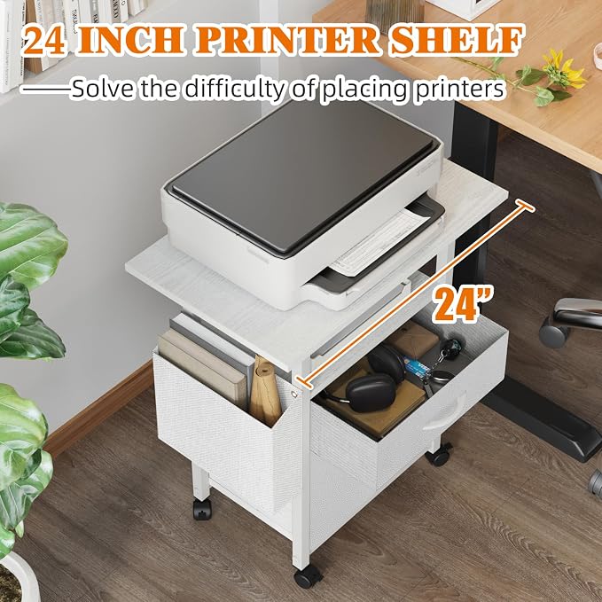 GYIIYUO 2 Drawer File Cabinet with 24'' Extended Desktop, Mobile | Rolling Filing Cabinet, Side Bag, Fits A4/Letter Size, Rolling Printer Stand, Home Office, Fabric Drawer, White