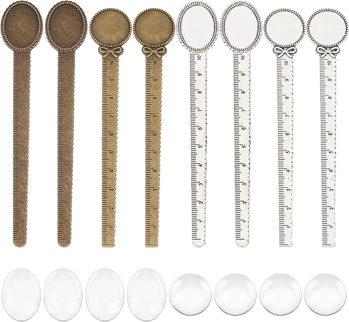 SUNNYCLUE 1 Box 16Pcs DIY 8 Sets Bookmarks Vintage Style Bookmark Making Kit Ruler Metal Book Mark Trays Glass Clear Dome Cabochon Oval Round Blank Flower Pattern Tray for DIY Craft Handmade Gift