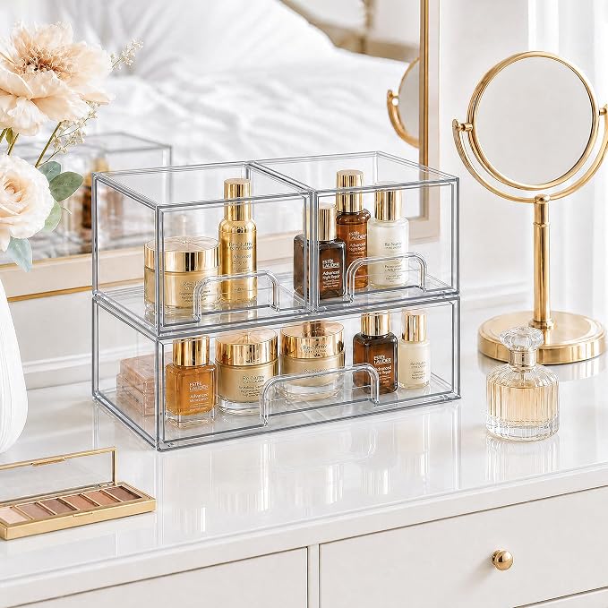 TIPGO Clear Stackable Storage Drawers, Acrylic Bathroom Makeup Organizer, Plastic Bins for Art Tool & Sketch, Durable Containers for Countertop, Cabinet, Vanity, Medicine Organization