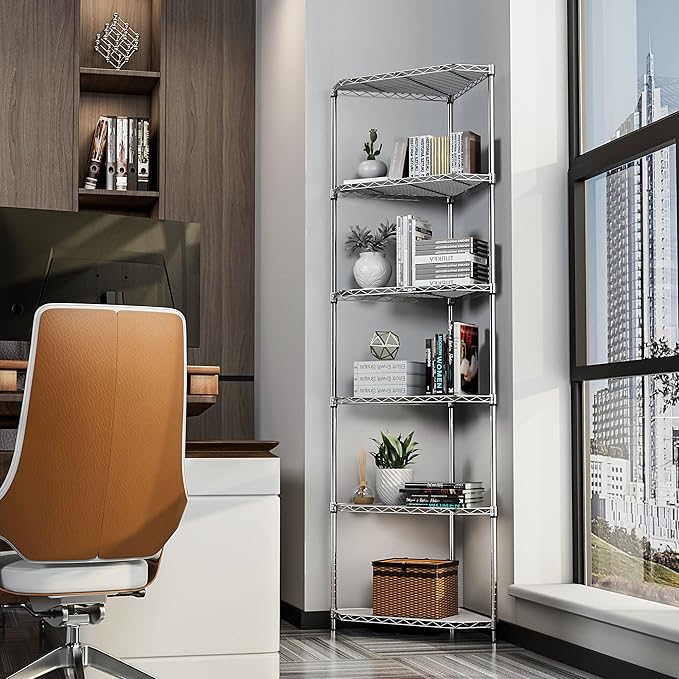 6-Tier NSF Metal Corner Shelf Wire Shelving Unit - 600lbs Capacity, Adjustable, with leveling feet & Shelf Liners - Ideal for Garage, Kitchen - 20" L x 20" D x 72" H - Pentagonal-Shape - Chrome