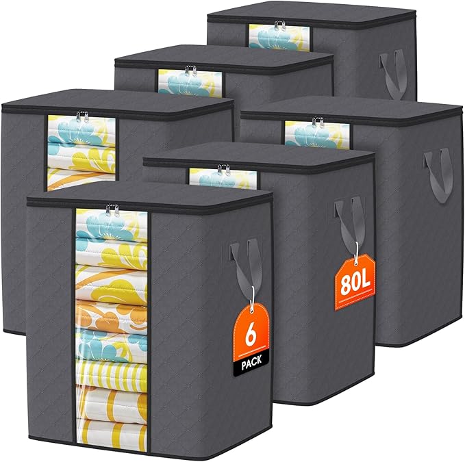 SpaceTrove Clothes Storage Bags, 6-Pack Comforter Blanket Organizers, 80L Large Capacity Containers with Visual Window for Clothing, Quilt, Sheet, Pillow, Closet Organization for Bedding (Grey)