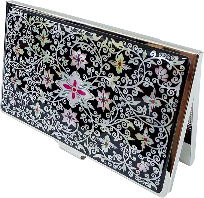 Mother of Pearl Business Card Case Credit Id Name Holder Travel Wallet Art Painting Design Metal Stainless Steel Engraved Slim Purse Pocket Cash Money Wallet (New Arabesque)