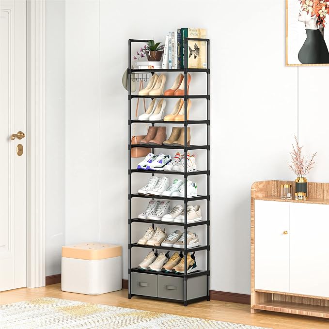 OYREL Tall Shoe Rack Narrow 10 Tier Shoes Rack 20 25 Pairs + 2 Boxes 1 Hook | Shoe Storage Organizer for Closet, Entryway, Living Room,Sturdy Metal Shoe Shelf Shoe Stand Closet Organizers and Storage
