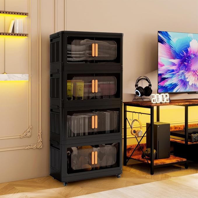 Foldable Storage Cabinet，Plastic Cabinet，Stackable Storage Bins， Open Front with Magnetic Door and Wheels(Black - 4Tiers)