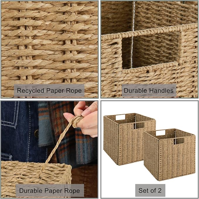 Vagusicc Wicker Storage Basket, Set of 2 Hand-Woven Storage Baskets for Shelves with Handles Foldable Cube Storage Baskets Bins, 9 inch Wicker Baskets for Pantry Bedroom Organizer &Decor, Natural