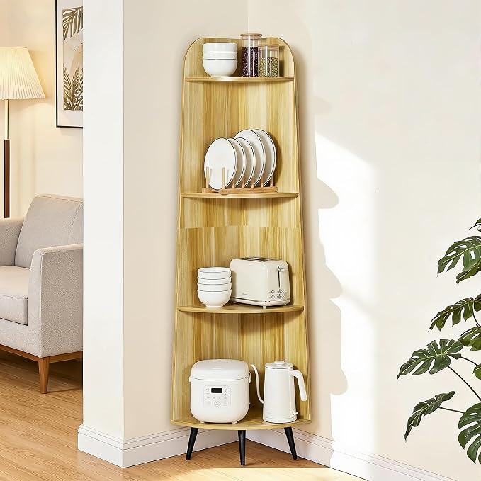 VECELO 4-Tier Curved Corner Shelf, 66.93" Tall Freestanding Corner Bookshelf, Narrow Vertical Corner Display Rack with 17.32" Spacious Open Tiers for Bedroom Living Room Small Spaces, Natuarl Wood