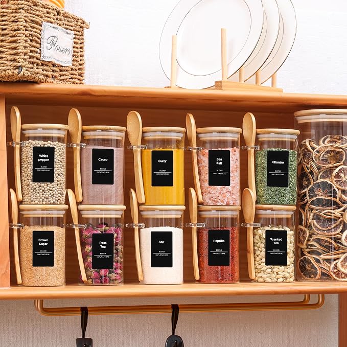 ComSaf Glass Spice Jars with Spoons 8 oz 12 Pack Round with Labels | Labels, Empty Containers, Seasoning Herbs Powder, Salt Pepper Chili, Spice Rack Organization, Loose Tea Storage