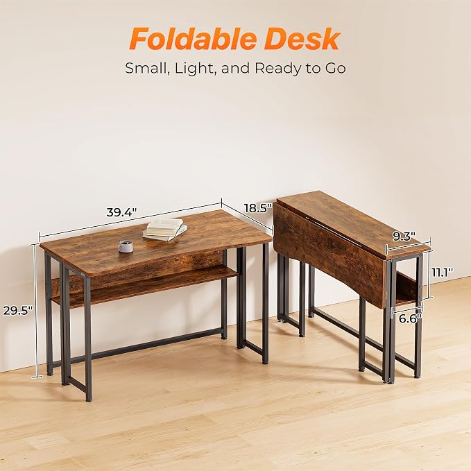 Huuger Folding Desk with Storage Shelf, 39.3 Inch Foldable Computer Table for Small Spaces, Space Saving Sofa Table for Couch, Writing Work Office Computer Desk, Easy to Fold, Rustic Brown