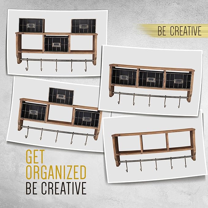 BizChair Wall Mounted Storage Rack - Rustic Brown Solid Pine Wood - 24 Inch - Upper Shelf - 5 Hooks - Wire Baskets - For Entryway, Kitchen, Bathroom