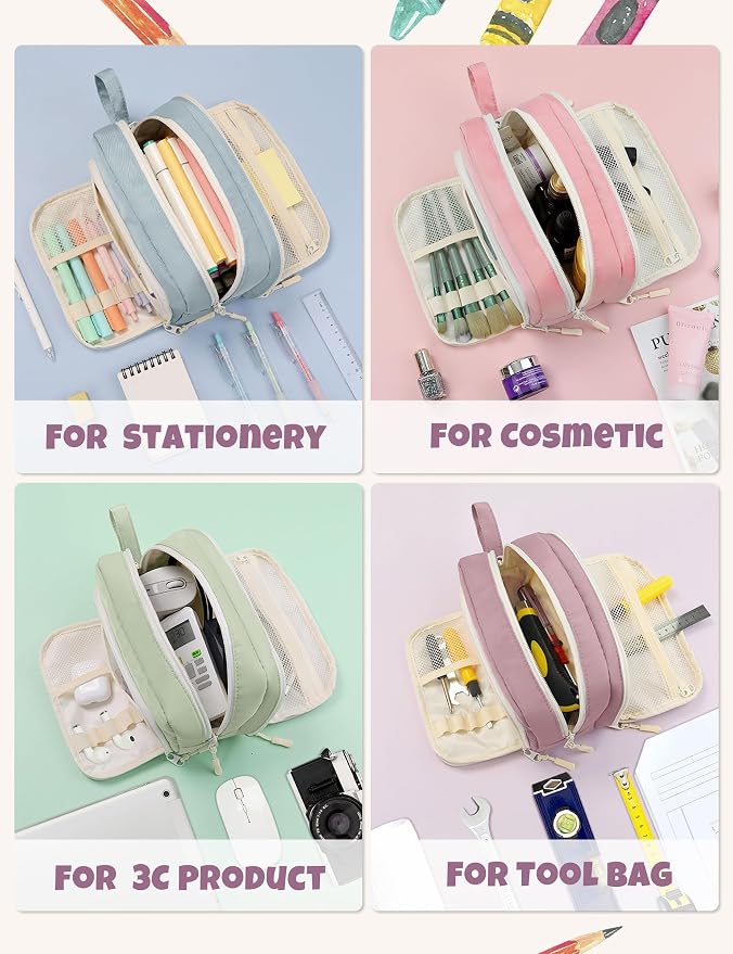 SUNEE Cute Pencil Case, Aesthetic Pen Pouch with 3 Compartments, Kawaii Colored Large Pencil Bag with Zipper, Stationery Storage and Organizer, Purple School Supplies for Teen and Adult Girls
