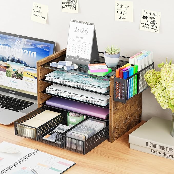Simple Trending 5-Tier Wood Desk Organizer with Drawer & Pen Holder | 9"L x 12.75"W x 9.75"H. 4 trays + drawer + pen holder. Natural wood + metal. Fits letter-size. Easy assembly. 24h support.