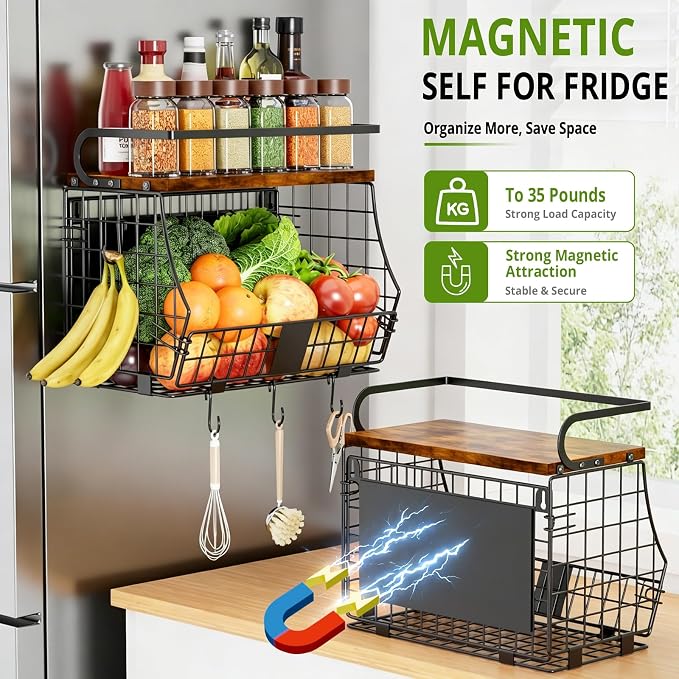 Magnetic Shelf for Fridge with Wood Top & Produce Basket – 2-in-1 Magnetic Spice Rack for Refrigerator – Space-Saving Kitchen Organizer for Fruits, Potatoes, and Onions (with Hooks)