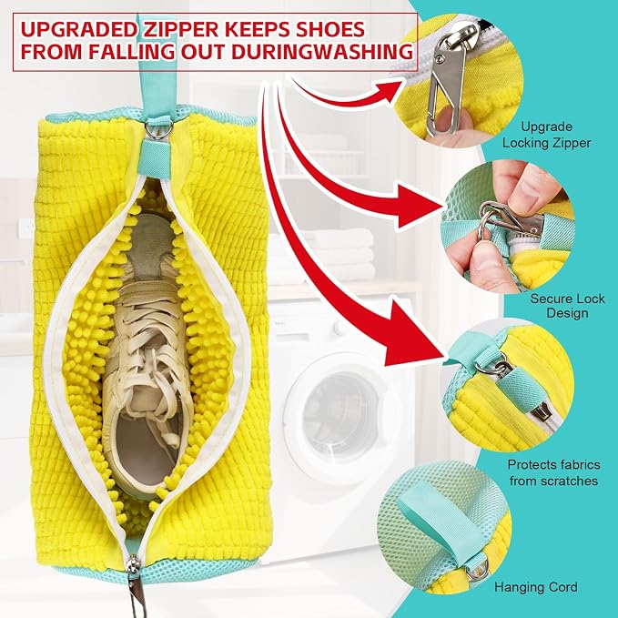 Shoe Washing Machine Bag 4pcs Reusable Sneaker Washing Bag with Built-in Fluffy Brushes for 360° All-Around Cleaning. Laundry Shoe Bag is Designed for Washer and Dryer （Yellow 4pcs）