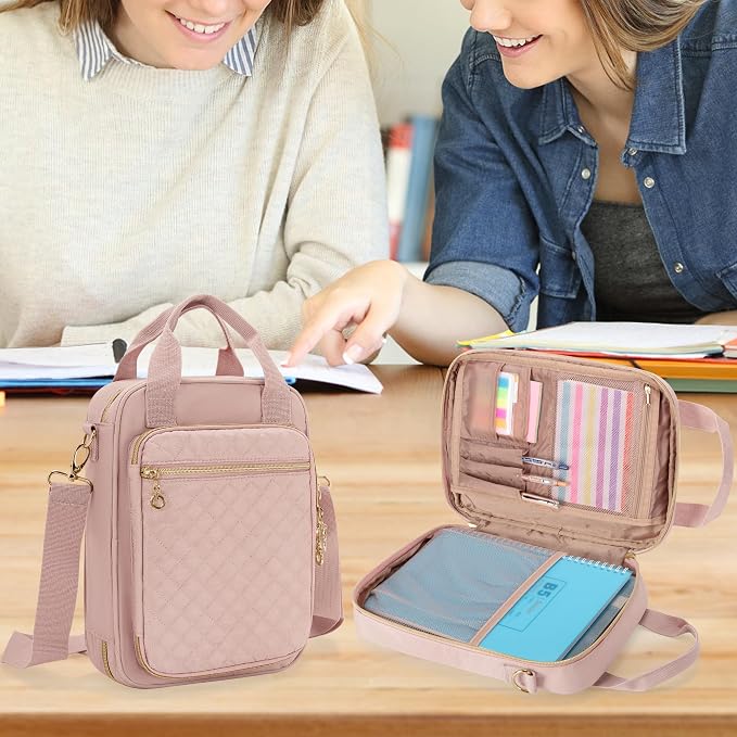 Teamoy Journal Supplies Storage Case, Planner Bag with Pen Slots, Pink | Quilted Stationery Bag with Shoulder Strap, Travel Organizer Holder for B5 Notebooks, Planner, Pens, and Journal Accessories