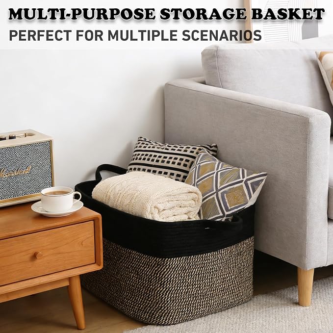 96L XXXLarge Woven Laundry Basket with Sturdy Handles - Black/Jute | Machine washable,Space-Saving Collapsible Design,Cotton rope, blanket basket living room,for toys clothes nursery bathroom