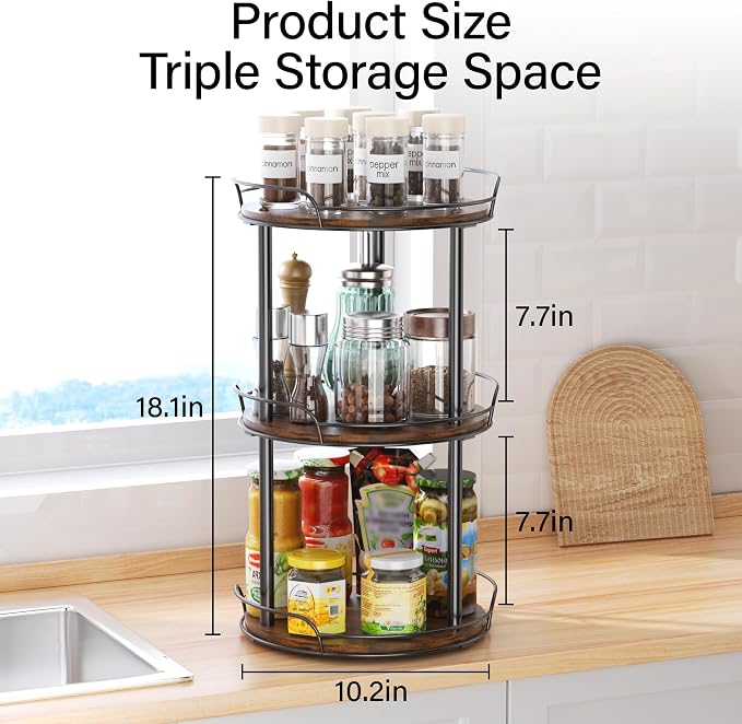 10'' Rotating Spice Rack, 3-Tier Lazy Susan Turntable Organizer | Wooden, for Cabinet, Table Top, Kitchen Countertop, Pantry, Bathroom, Vanity, Home Decor