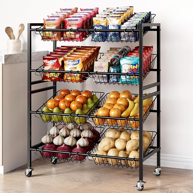 Evermagin 25.2" W Kitchen Storage Cart, 4-Tier Snack Cart with Wheels | Metal Fruit Basket Vegetable Stand, Pantry Storage Organizer with 8 Removable Baskets for Onion Potato, Black