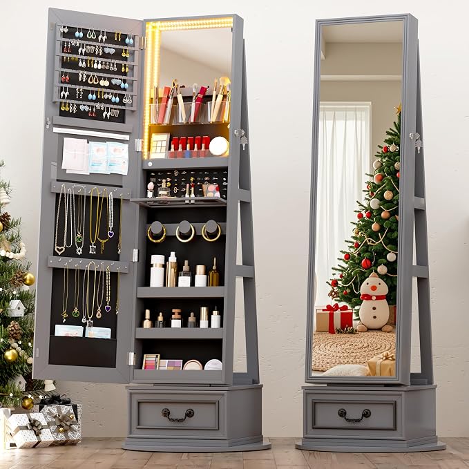 Vlsrka Mirror Jewelry Cabinet Standing with Lights, Lockable, Swivel, Grey | Standing Jewelry Armoire with Full Length Mirror, Large Jewelry Organizer Storage with Foldable Makeup Shelf, 3 LED Lights