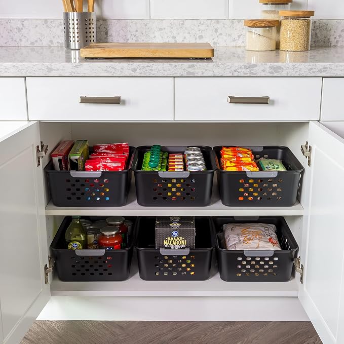 IRIS USA 6-Pack, Small Plastic Storage Basket, Black | Organize pantry items, office supplies, crafts, accessories, and household essentials with easy-carry storage for shelves