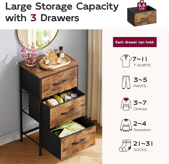 WLIVE Dresser with 3 Drawers, Fabric Nightstand, Organizer Storage Dresser for Bedroom, Hallway, Entryway, Closets, Sturdy Steel Frame, Wood Top, Easy Pull Handle, Rustic Brown Wood Grain Print