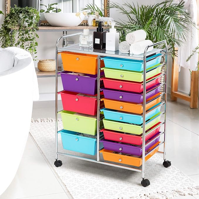 DREAMADE Rolling Cart with 15 Drawers, Rolling Drawer Organizer Cart w/Lockable Wheels, Removable & 2-Sized Storage Drawers, Art Cart for School Home Art Supplies Crafts File Scrapbook (Multi-color)
