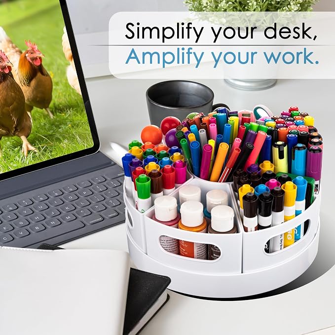 CraftGenes Art Supply Organizer, Extra Large 360 Degree Rotating Desk Organizer with 7 Removable Compartments, Marker Organizer and Craft Caddy for Kids, Teachers, Classroom, Home Office, White