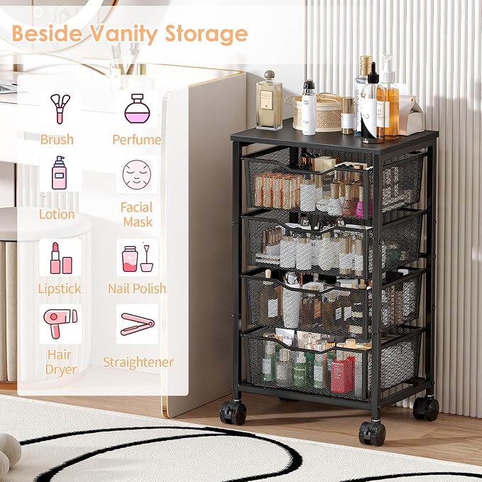 Sbanmao Utility Cart with 4 Drawers, Rolling Storage Cart, Metal Rolling Drawer Cart with Lockable Wheels and Wooden Tabletop, Craft Storage Art Cart for Living Room, Bedroom, Classroom, Office Black