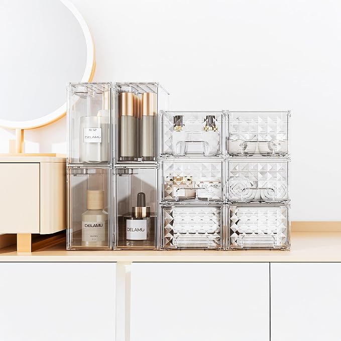 Delamu Stackable Storage Drawers, Makeup, Baby Bottle and Bathroom Cabinet Organizer, Plastic Drawer Organizer for Undersink, Cabinet, Vanity, Kitchen, Pantry, Ideal Gifts for Women, Clear, 4 Pack