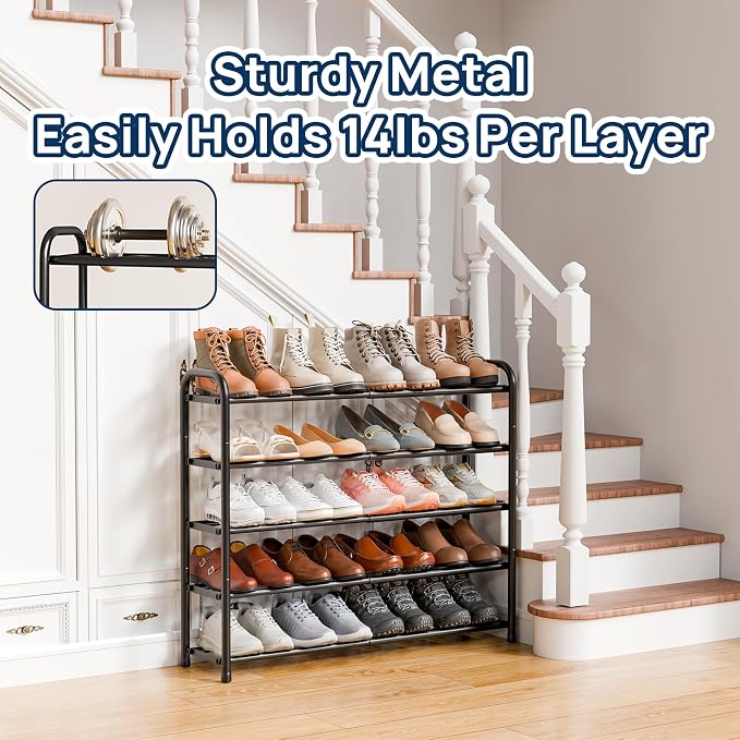 ENJOYBASICS 5 Tier Expandable Shoe Rack for Closet, Free Standing Metal Shoe Shelf Storage Organizer Holder 20 Pairs, Adjustable Width Shoe Rack for Entryway Small Space, Black