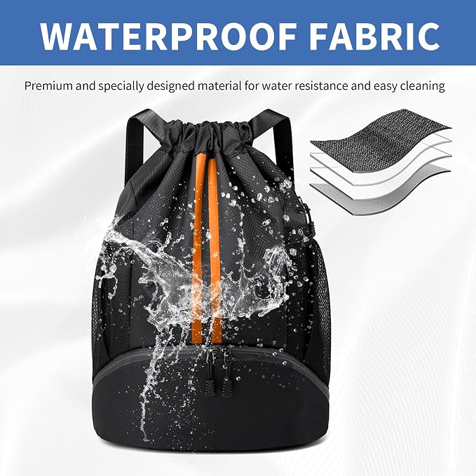 JELUTAR Drawstring Backpack Gym Bag with Shoes Pocket, Black Orange | Water-Resistant String Backpack for Soccer, Basketball, Swim, Beach Cinch for Women Men, 22 L Large Capacity, Wet Pocket
