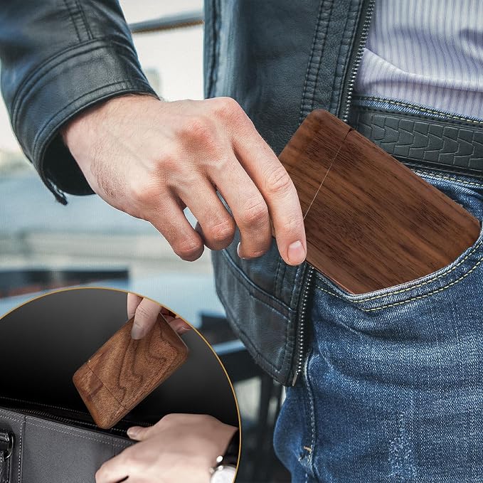 Wood Business Card Holder Wooden Magnetic Business Card Case Portable Simple (Black Walnut)