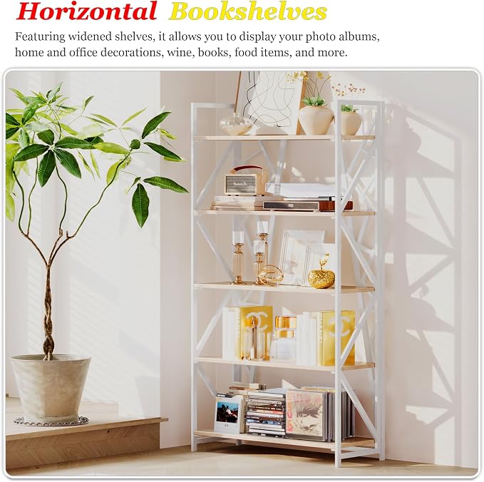 UDD No Assembly Wide Folding Bookshelf, 64.3" H x 30.9" W, 5 Tier Foldable Book Shelf Industrial Bookcase, Vintage Collapsible Storage Shelves for Home Office Living Room Bedroom, Light Oak White